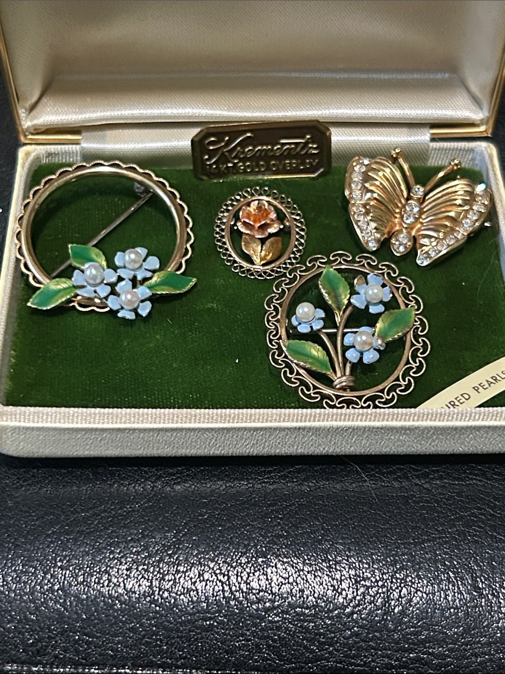 Krementz 18kGold FilledFloral and Butterfly Brooch Set in Green and Blue-Stamped